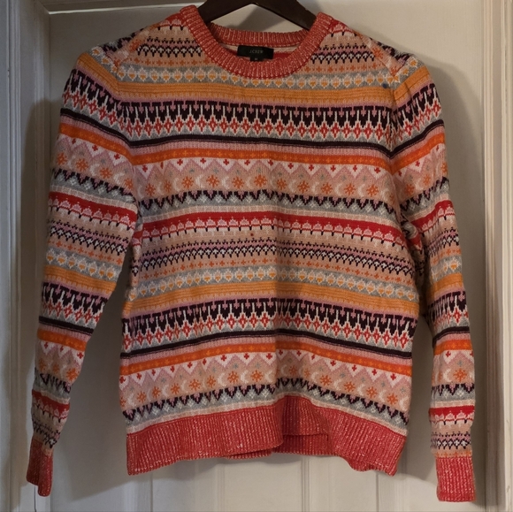 J. Crew Fair Isle Cropped Crewneck Sweater in Bright Cerise Peony - Picture 2 of 5